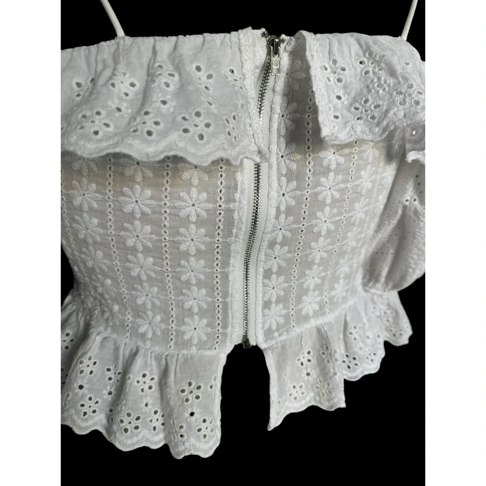Women's Strappy Cropped Lace-Up Eyelet Peplum Top Blouse Boho Festival Delicate